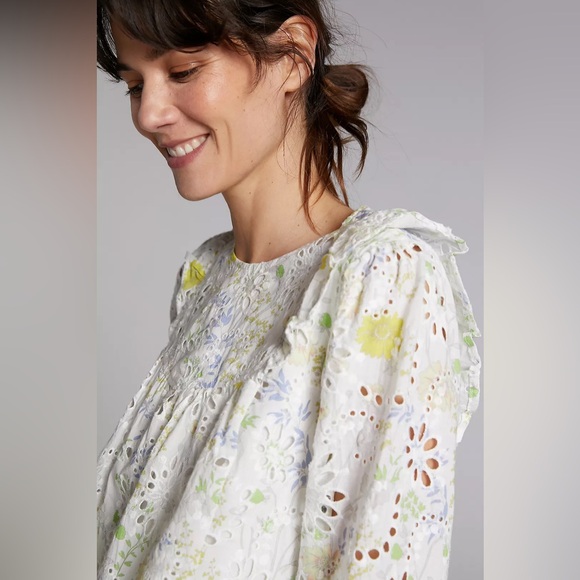 Anthropologie Greylin Piper Eyelet Lace Blouse Size XS Cottagecore Ruffled.   2 - Picture 5 of 9